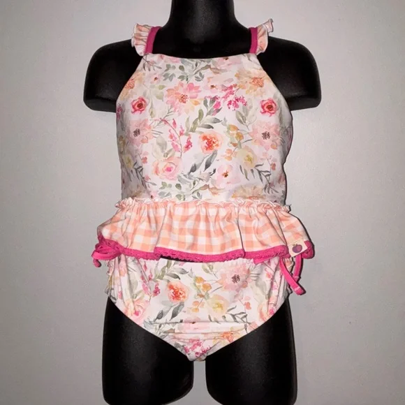 Cheeky Plum Floral Orange and Pink Kids Swim Bikini - Picture 1 of 4